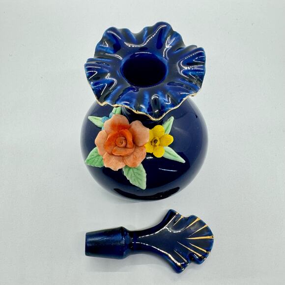 Decorative Perfume Bottle w/ Stopper Rose Flower Cobalt Blue Gold Ruffle Trim - Picture 4 of 10